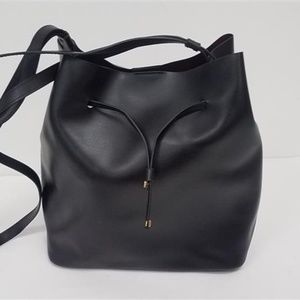 LODIS Large Black Leather Drawstring Bucket Bag